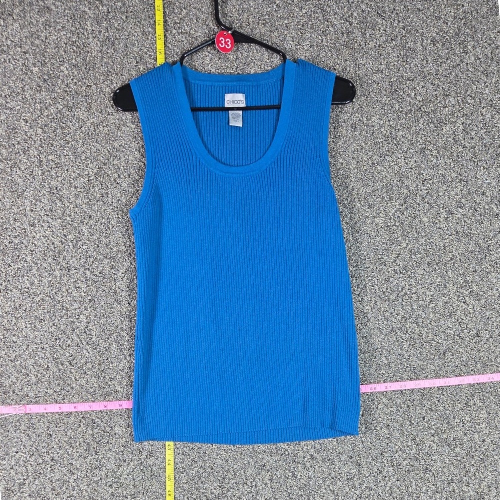 Chico's Ribbed Knit Tank Top Women Size 3 Blue Silk Blend Scoop Neck Shell